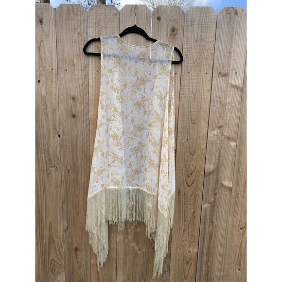 Cato Size Large Sleeveless Cardigan Fringe Paisley Light Pale Yellow Boho - Picture 5 of 6